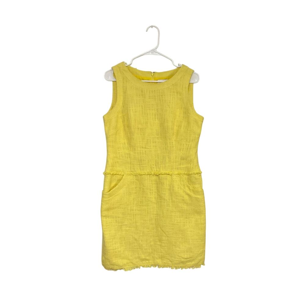 Calvin Klein Yellow Sleeveless Tweed Dress Pockets Size 12 Large Fringe